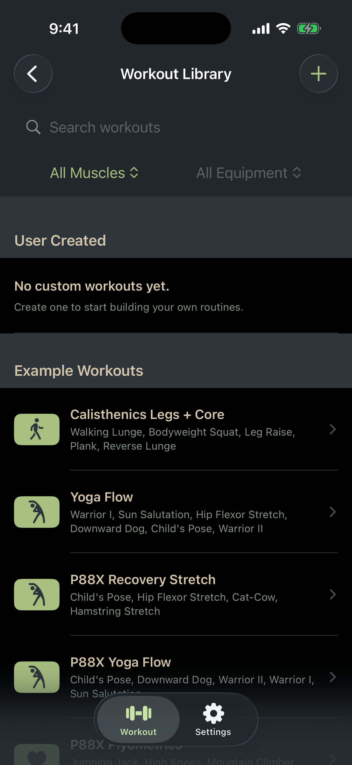 Loaf workout library screen