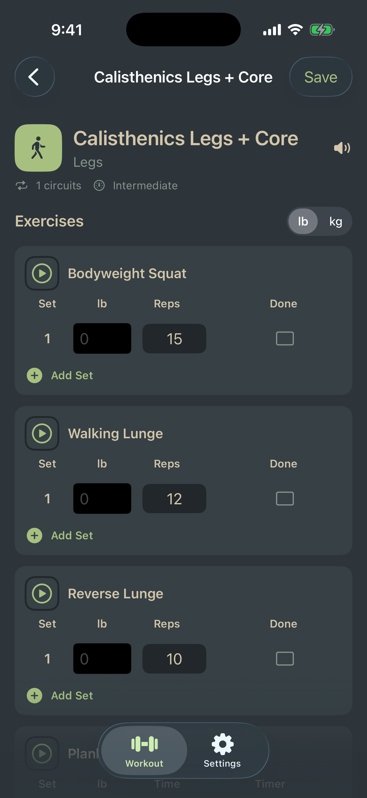 Loaf active workout screen