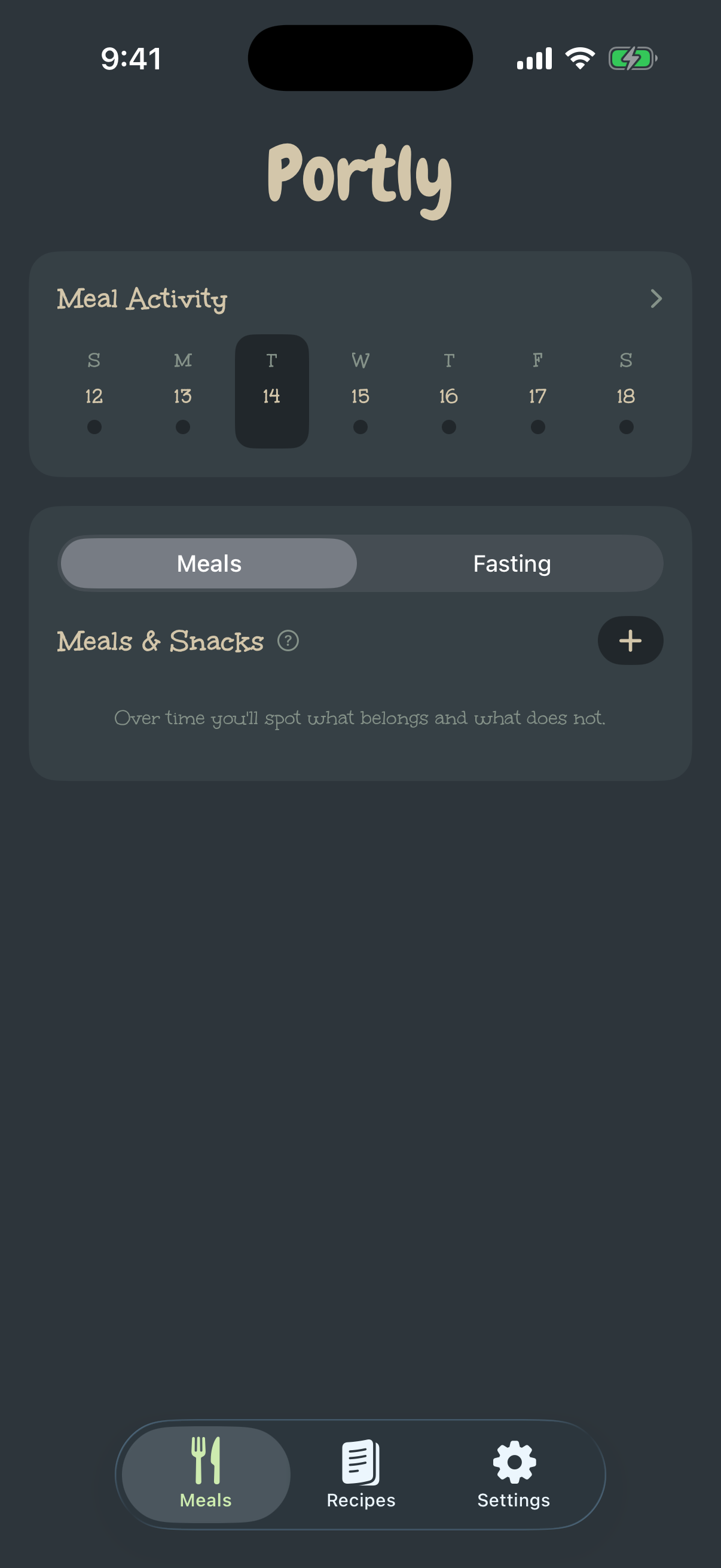 Portly meal activity and meal log screen