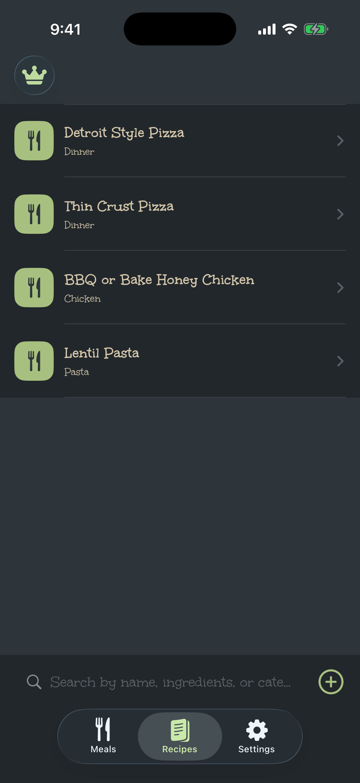 Portly recipe library screen